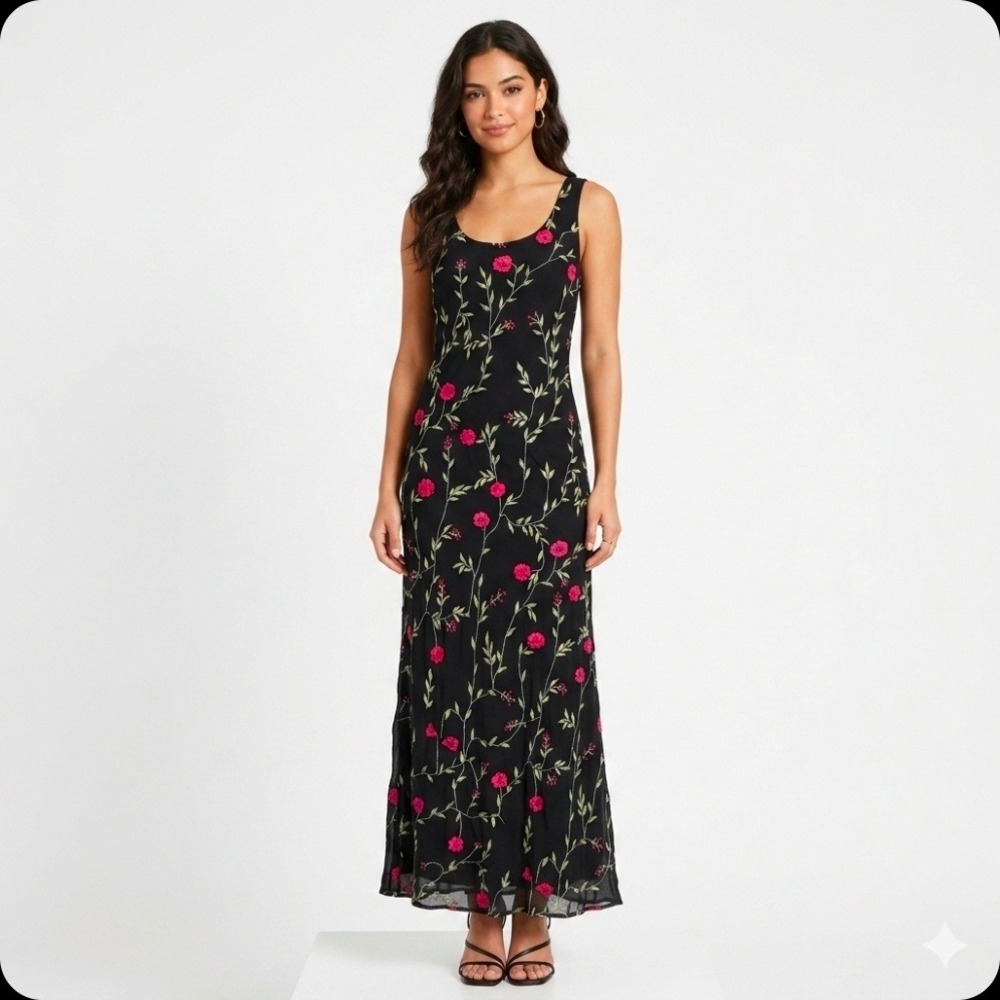 Mannequines USA Vintage 90s 100% Silk Embroidered Floral Maxi Dress Black Pink L